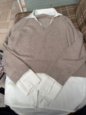 Elan Taupe V-Neck Layered Pullover Sweater